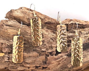 Brass Bar Earring, Long Brass Earring, Embossed Brass, Bar Earring, Organic Earring, Antiqued, BoHo, Brass Earring, Long Dangle, Brass Bar