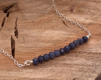 Blue Sapphire Bar Necklace, Faceted Sapphire Bead Necklace, Minimalist Layering Necklace, Gemstone, Dainty, Summer, Sterling Silver, Gold