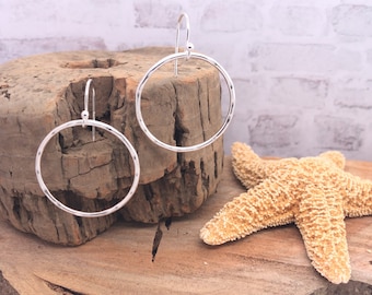 Simply Circle Earrings, Hammered Sterling Silver Circle Earrings, Minimalist Dangle Hoops, 2 Sizes, Sterling 925