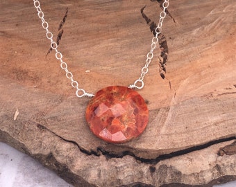 Coral Necklace, Faceted Coral Coin Necklace, Minimalist Layering Necklace, Orange, Summer, Beach, Sterling Silver