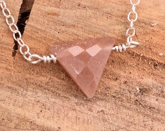 Tiny Sunstone Necklace, Faceted Sunstone, Sterling Triangle Necklace, Minimalist Layering Necklace, Orange, Peach, Summer, Beach, Silver