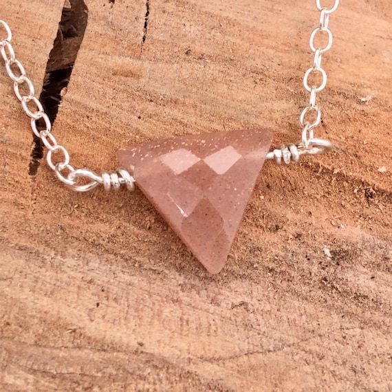 Tiny Sunstone Necklace, Faceted Sunstone, Sterling Triangle Necklace, Minimalist Layering Necklace, Orange, Peach, Summer, Beach, Silver