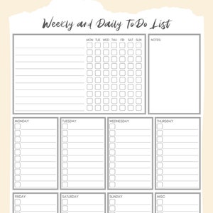 Weekly & Daily Checklist, Fillable PDF, Printable Checklist, Task Schedule, Daily, Weekly, Personalized To Do Lists, Printable, Tracker, Tan