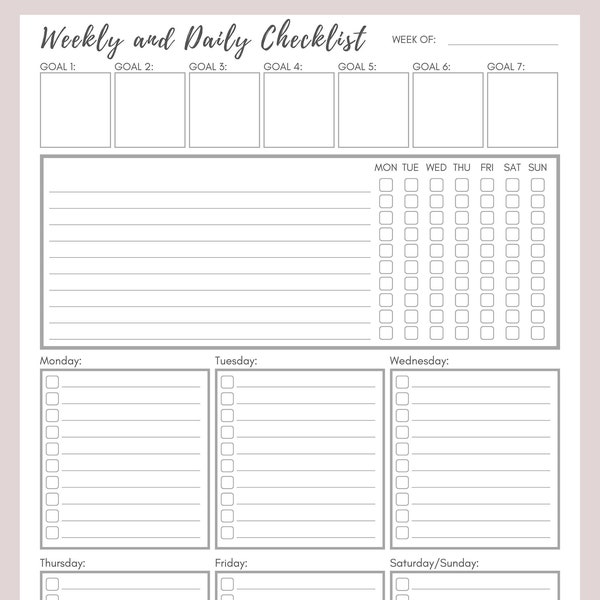 Fillable Weekly & Daily Checklis, Fillable PDF, Goal List, Printable Checklist, Weekly To Do List Printables, Personalized Lists, Tracker