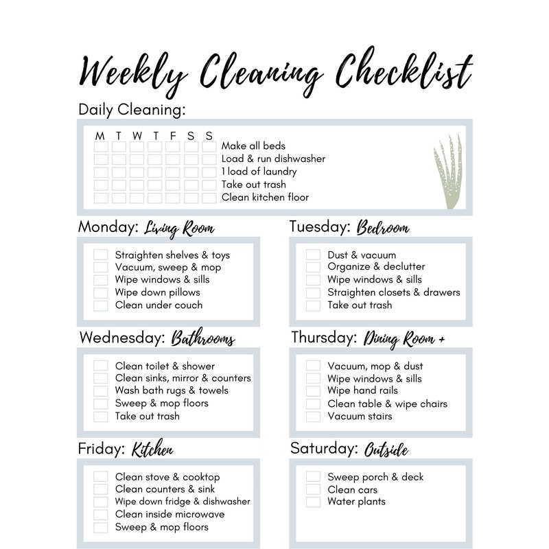Weekly Cleaning Checklist Etsy