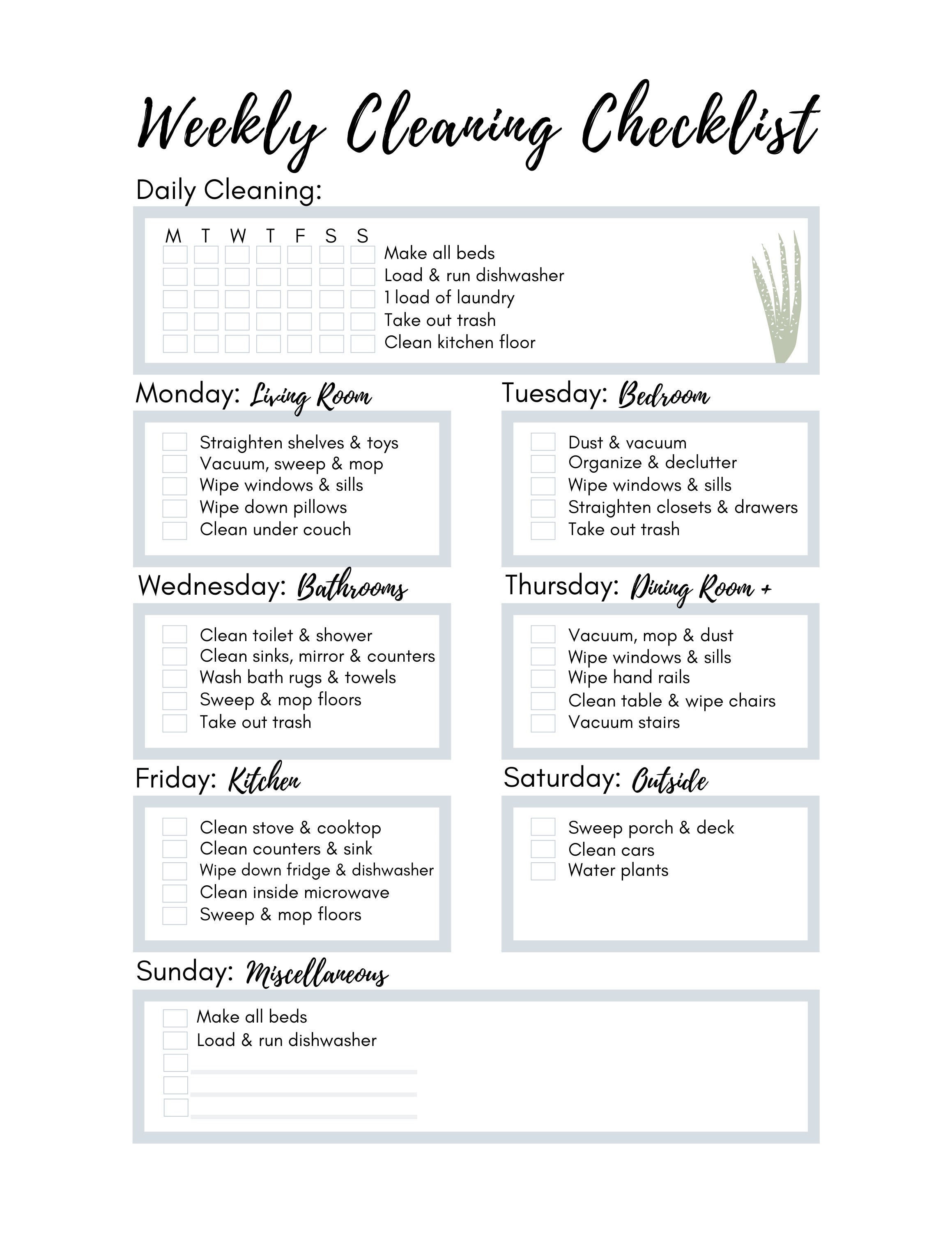 Personalized Weekly Cleaning Checklist Printable Cleaning Checklist 
