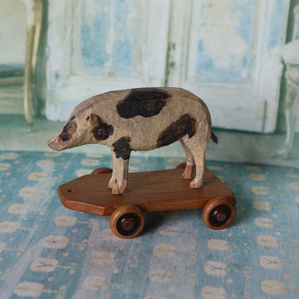 Vintage Miniature Pull Toy Wood Hand Carved Pig or Hog. Hitty size. Erzgebirge?