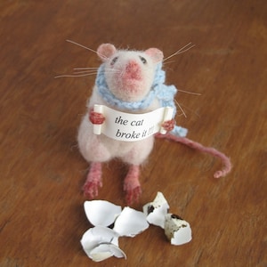 Needle Felted Mouse Life Size with Scroll in paws. Blame it on the Cat Made to order.