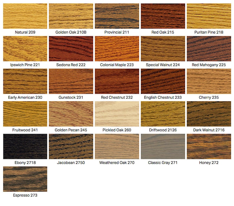 May include: A grid of twenty-six wood stain color samples, each labeled with a name and number. The swatches display various wood grain textures and tones ranging from light beige and yellow to deep red, brown, gray, and black finishes.
