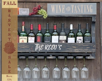 Rustic Wine Rack, Wedding Gift, Wood, Distressed ,painted, Liquor Cabinet, Pallet, Wine Box, Storage Rack, Wall Shelf, Glass Rack