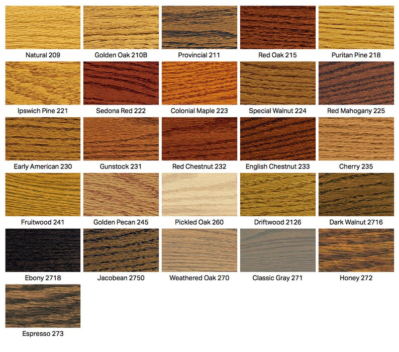 May include: A grid of twenty-six wood stain colour samples, each displaying a unique wood grain texture and labelled with its specific name and number, ranging from light natural tones to deep espresso and black finishes on a white background.