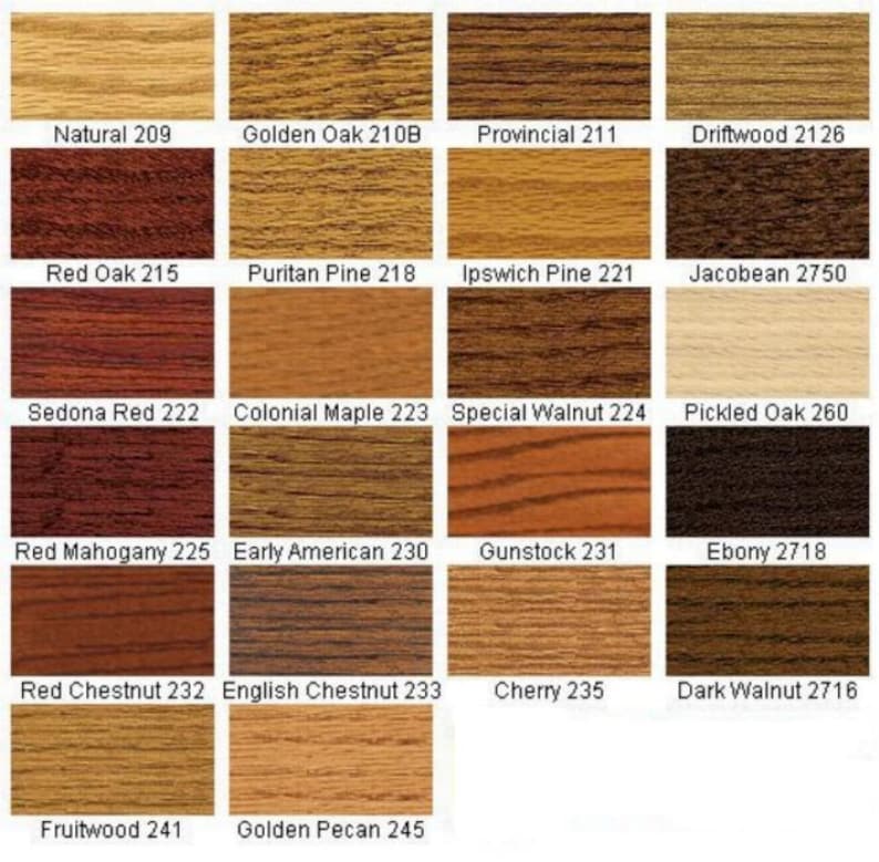May include: A grid of twenty-one wood stain color samples, each labeled with a name and number, including Natural 209, Golden Oak 210B, Provincial 211, Driftwood 2126, Red Oak 215, Puritan Pine 218, Ipswich Pine 221, Jacobean 2750, Sedona Red 222, Colonial Maple 223, Special Walnut 224, Pickled Oak 260, Red Mahogany 225, Early American 230, Gunstock 231, Ebony 2718, Red Chestnut 232, English Chestnut 233, Cherry 235, Dark Walnut 2716, Fruitwood 241, and Golden Pecan 245.