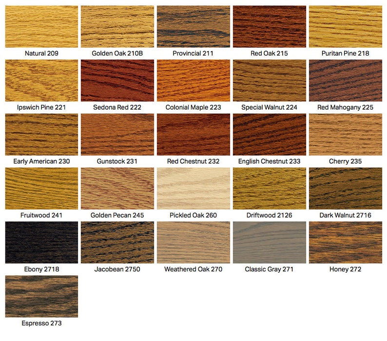 May include: A colour chart showcasing 25 wood stain samples, each with a unique name and number. Colours range from light yellows and browns to dark ebony and espresso tones. The chart is designed to showcase the variety of wood stain options.