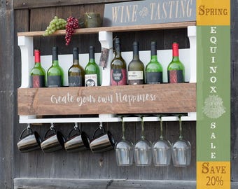 Casier à bouteilles de bar à café peint, Casier à bouteilles mural, Casier à tasses à café, Casier à vin rustique, Casier à vin pour café, Casier à vin peint, Cadeau, Cybervente