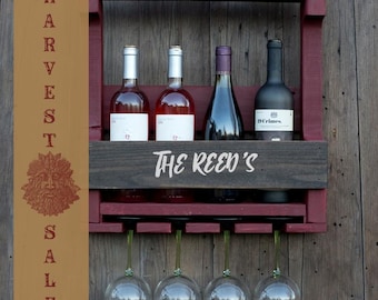 Personalized Gift/ Wine Rack/ Unique Wine Racks / Wall Wine Rack / Wood Wine Rack / Rustic Wine Rack - Red & Dark Walnut / Free Shipping