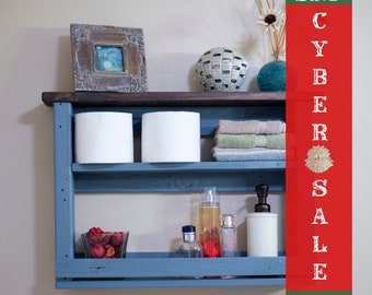 Étagère de salle de bain / Étagère bicolore / Étagère murale / Étagère flottante / Étagère en bois / Étagère à livres - Bleu / Finition noyer foncé / Vente Cyber Monday