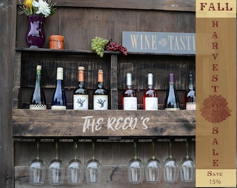 Gift for her Wine Rack, Personalized Wine Rack, Pallet Wine Rack, 8 bottle storage - 8 glass slots, Natural Unfinished, Free Shipping