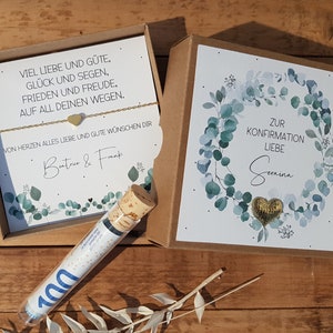 Geldgeschenk Konfirmation, Kommunion, Geschenkbox, Geschenkeset, Eukalyptus, Armband Herz/Kreuz vergoldet oder versilbert