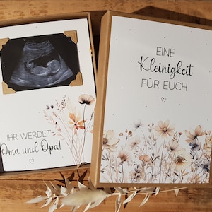 Baby announcement with ultrasound picture, grandparents, gift box, you will be grandparents, aunt, uncle, wildflowers