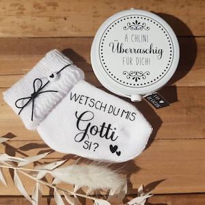 Ask Gotti and ask God, printed baby socks, announce pregnancy, announcement