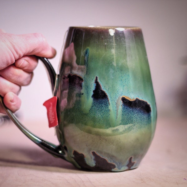 MISFIT: 20 oz Turquoise Notched  Mug, Pottery Mug, Handmade Coffee Mug, Northern Lights, Big Tea Cup, Big Coffee Mug