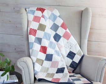 Quilts for Sale Handmade | Baby Shower Gift | Checkered Baby Quilt | Patchwork Crib Quilt in Tan, Red & Blue | Gender Neutral Nursery