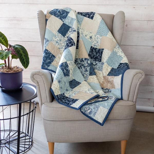 Handmade  Quilts for Sale | Blue, Tan & Cream Floral Patchwork Quilt  | Wedding Gift for Couple  | Lap, Throw, Twin, Full/Queen, King Size