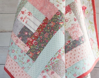 Modern baby girl quilt toddler blanket patchwork throw in pink blue