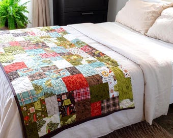 Glamping Patchwork Quilt | Green Plaid Cotton Twin Quilt, Camping Blanket