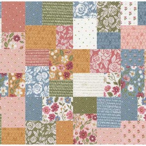 May include: A patchwork quilt featuring a variety of floral and textured fabric squares in shades of pink, blue, gold, and green. Some squares have floral patterns, while others have polka dots or text. The quilt is a mix of textures and colors.