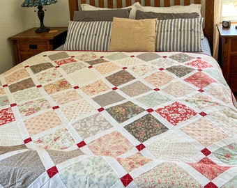 Handmade Patchwork Cotton Quilt | Pink, Teal, Gray Floral Throw (61x70)