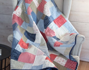 Handmade Quilts for Sale | Housewarming Gift | Patchwork Quilt in Tan, Red, Sky Blue & Navy | Lap, Throw, Queen, King Size Quilt