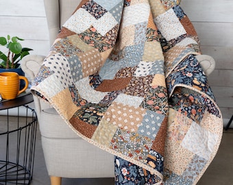 Handmade Quilts for Sale | Earthy Blues, Greens, Terracotta Floral Patchwork Quilt | Wedding Gift | Lap, Throw, Twin, Full/Queen, King Size