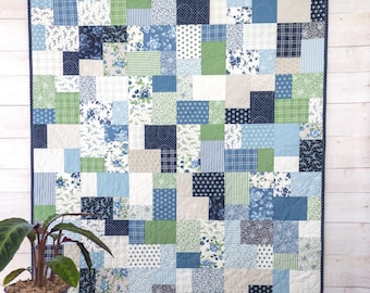 Handmade Blue & Green Patchwork Quilt – King and Queen Bed Quilt, Floral Cotton Heirloom