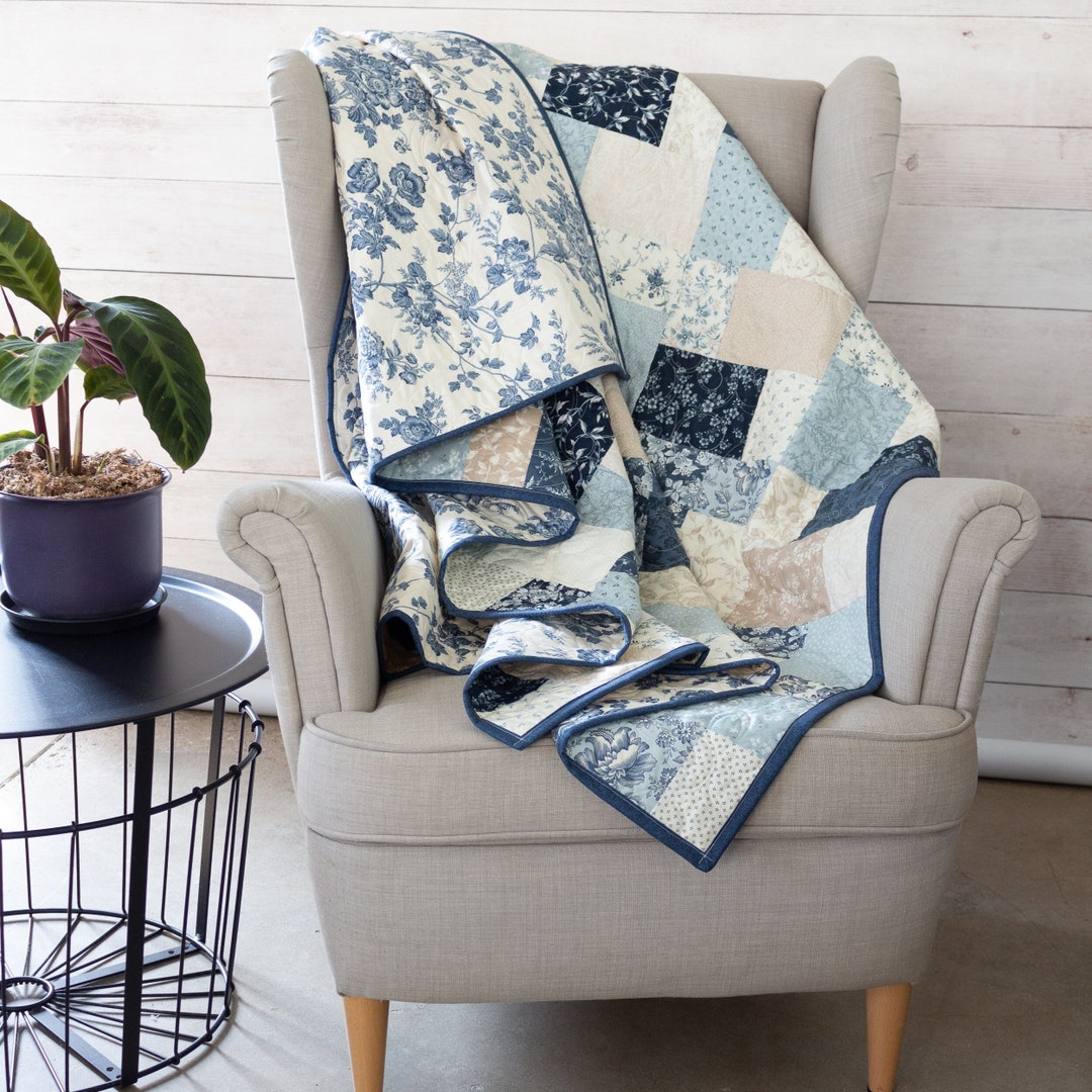 Handmade King Size Quilts for Sale Blue, Tan & Cream Floral Patchwork