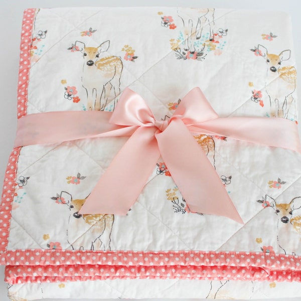 Baby Quilts Handmade, Forest Nursery Quilt, Coral Baby Bedding, Quilted Baby Blanket, Fawn Baby Blanket, Enchanted Forest Bedding, Baby Gift