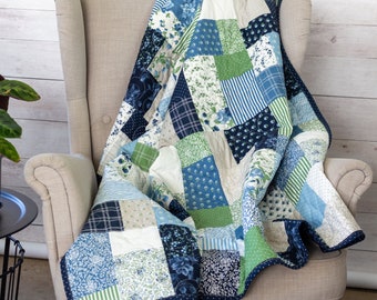 Handmade Quilts for Sale | Blue & Green Floral, Plaid, and Stripe Patchwork Quilt | Birthday Gift | Lap, Throw, Full/Queen, King Size
