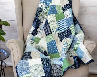 Handmade Blue Green Floral Patchwork Quilt | Coastal Cottage Garden Bedding King Throw Sizes