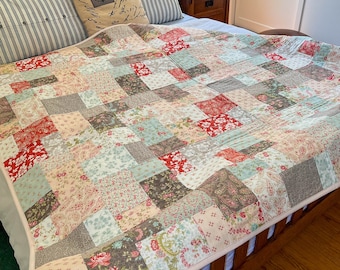 King Size Quilt for sale Handmade | Patchwork Quilt in Aqua, Red, Dark Grey & Cream Florals | Wedding Gift for Couple