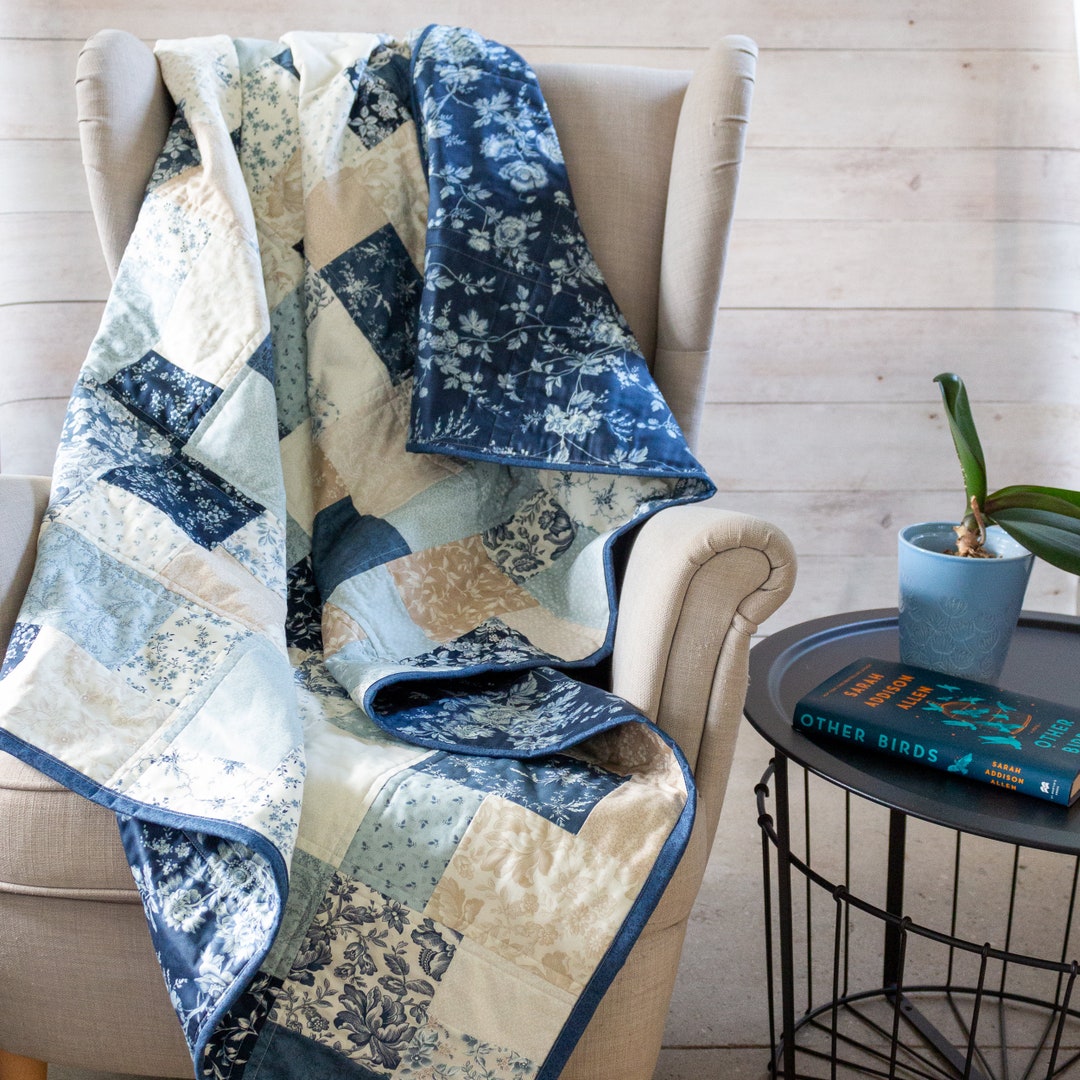 Handmade King Size Quilts for Sale Blue, Tan & Cream Floral Patchwork