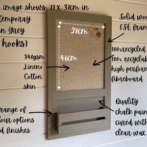 May include: A gray framed corkboard with a linen texture and a small wooden shelf underneath. The corkboard measures 46 cm by 28 cm and is made of 100% recycled and recyclable high performance fibreboard. The frame is made of solid wood and the board is painted with quality chalk paint cured with clear wax. The board is 11 inches by 31 inches.