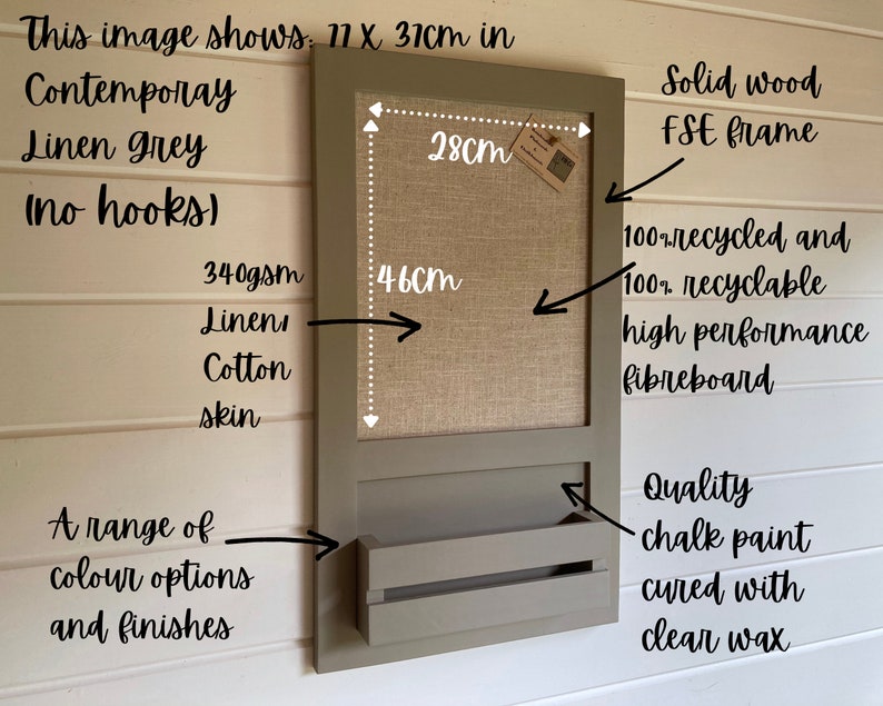 May include: A gray framed corkboard with a linen texture and a small wooden shelf underneath. The corkboard measures 46 cm by 28 cm and is made of 100% recycled and recyclable high performance fibreboard. The frame is made of solid wood and the board is painted with quality chalk paint cured with clear wax. The board is 11 inches by 31 inches.