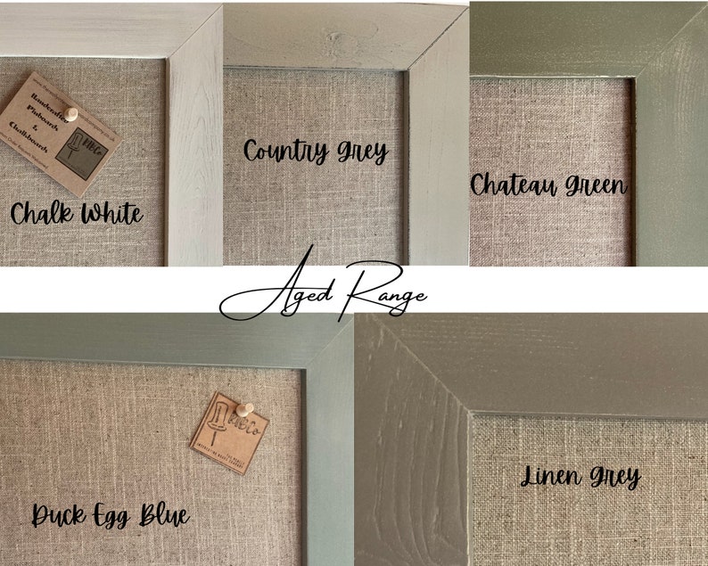 May include: Four different colored picture frames with a linen fabric insert. The frames are painted in Chalk White, Country Grey, Chateau Green, and Linen Grey. The text "Aged Range" is written in cursive on the image.
