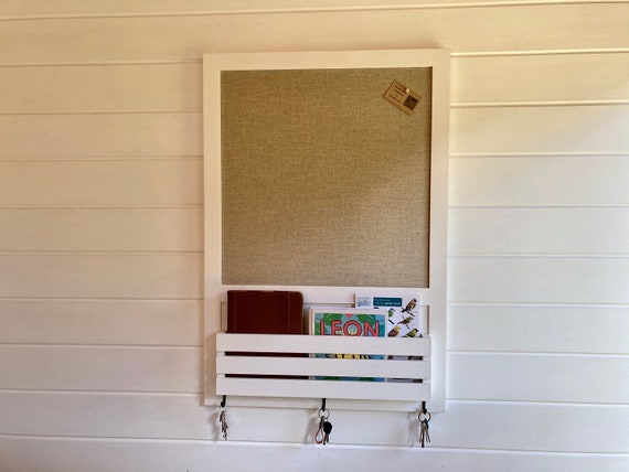 Handmade White Framed Bulletin Board: FSC Wood, Shaker Pegs & Letter Holder