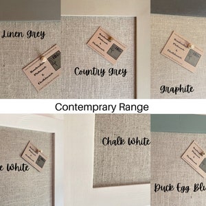 May include: A set of six framed cork boards in various colors, including linen grey, country grey, graphite, pure white, chalk white, and duck egg blue. Each board features a small card with the text "Handmade Pinboards & Chalkboards".