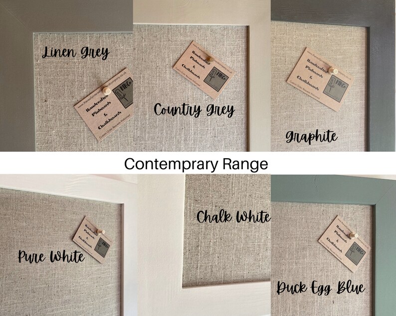 May include: A set of six framed cork boards in various colors, including linen grey, country grey, graphite, pure white, chalk white, and duck egg blue. Each board features a small card with the text "Handmade Pinboards & Chalkboards".