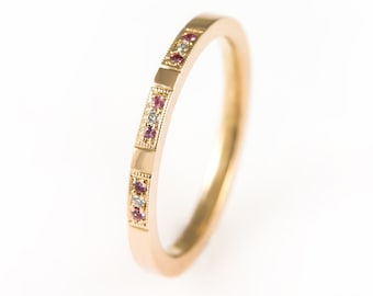 Thin sapphire wedding band, delicate diamond wedding ring, unique diamond wedding band, delicate engagement ring, pink sapphire diamond ring