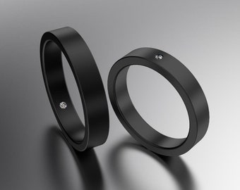 Black wedding ring set, black diamond ring, black wedding band, black wedding ring, black wedding band men, black zirconium ring, flush set