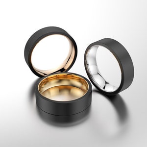 Men&#39;s black wedding band, black and gold ring, black zirconium ring rose gold, mens black ring, white gold and black zirconium wedding band