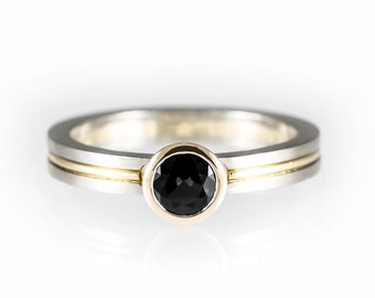 Alternative engagement ring, two tone engagement ring, black diamond engagement ring, bezel engagement ring, yellow gold and white gold ring